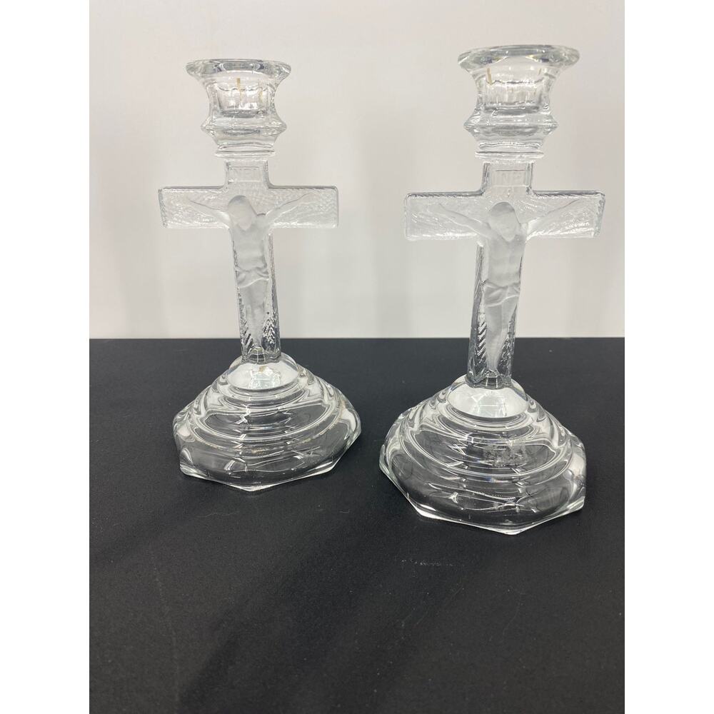 Vintage Home Interiors Glass Crucifix Candlestick Pair, Pressed Glass Religious